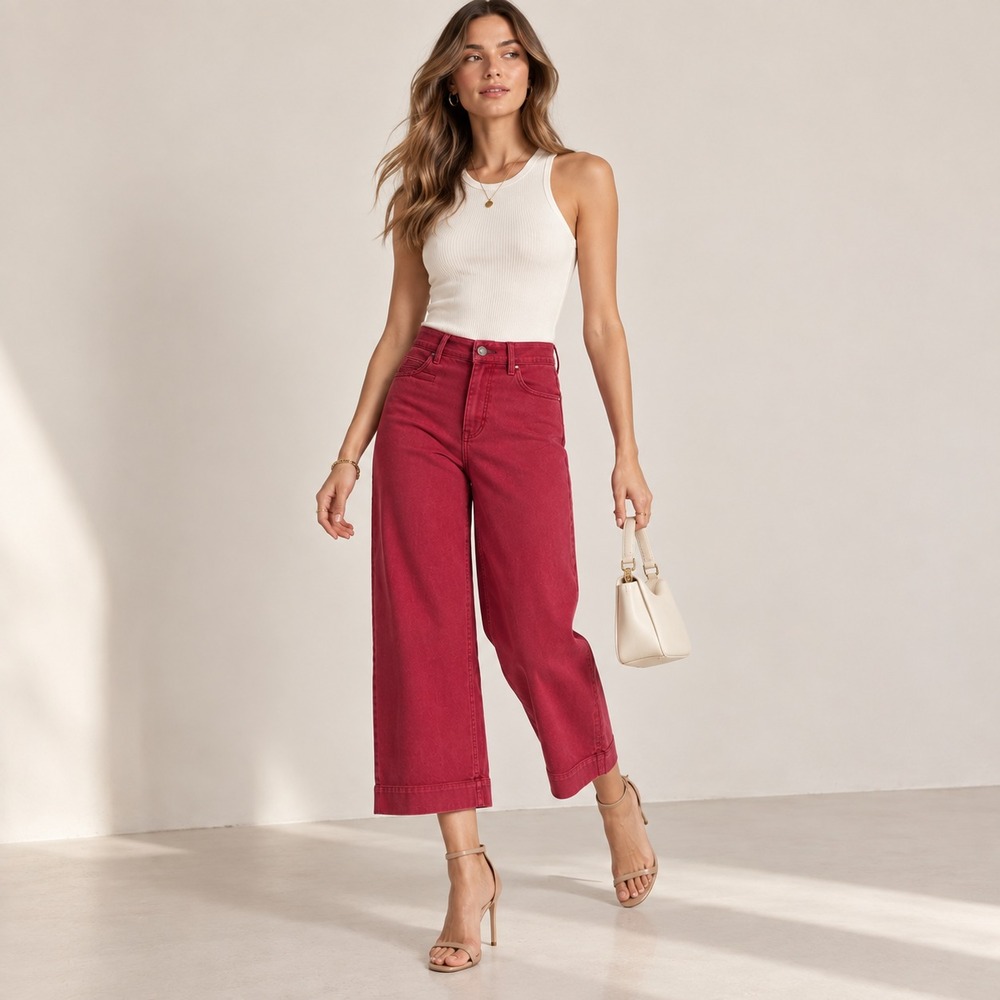MADEWELL Women's Pants 28 Red Cotton Wide Leg Crop High Rise J8985